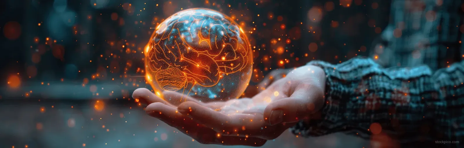 A businessman holds out his hands as a glowing digital brain hologram floats above the office.