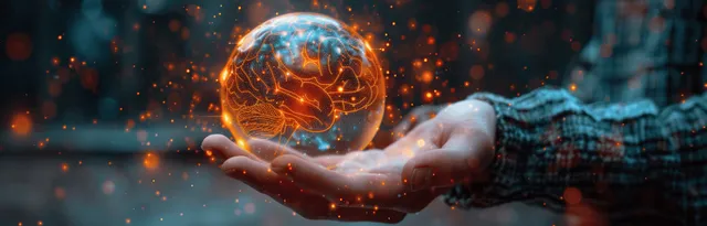Businessman presenting a glowing digital brain hologram in a futuristic office