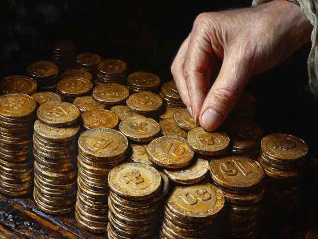 Hand placing gold coin on stacks beside wooden 2025 numerals on desk