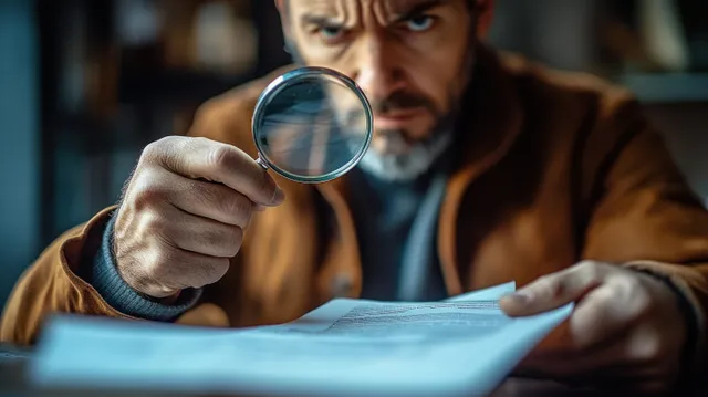 Man in brown jacket examines a paper document with a magnifying glass indoors