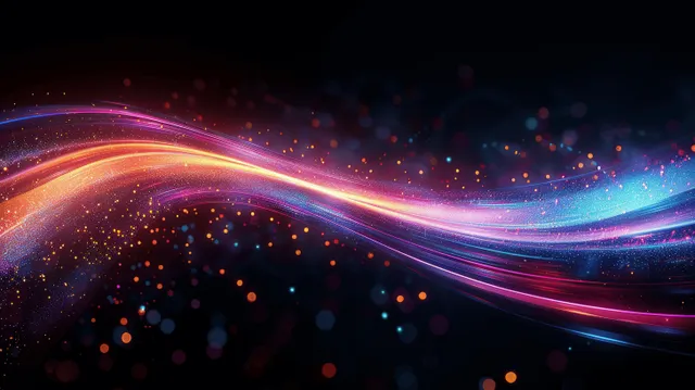 Glowing curved light trails arc across dark space with sparkling neon particles