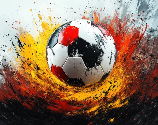 Abstract German-flag soccer ball bursting with paint splashes and swirling energy