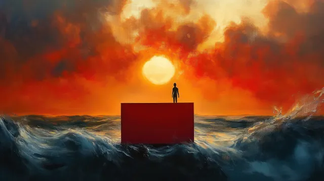 A lone silhouette stands on a red cube in rough ocean waves under a fiery sunset sky.