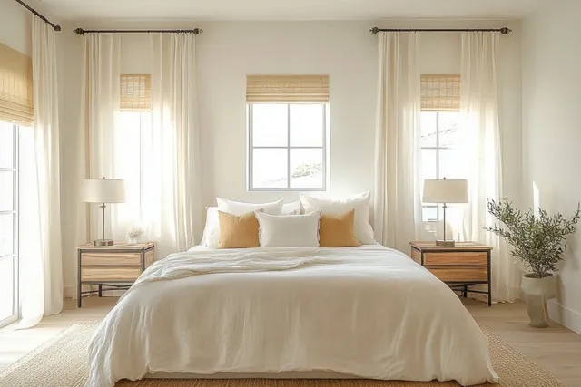 Minimalist bedroom with white bed, wooden nightstands, warm bedside lamps, and sheer curtains beside bright windows.