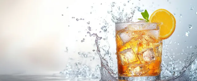 Orange cocktail glass with ice cubes and citrus slices captured mid-splash on a white background.