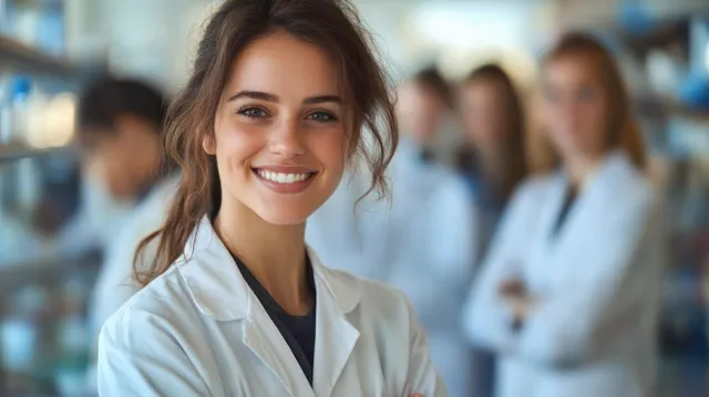 A young female scientist in a lab coat smiles with crossed arms while blurred colleagues work behind her in a lab.