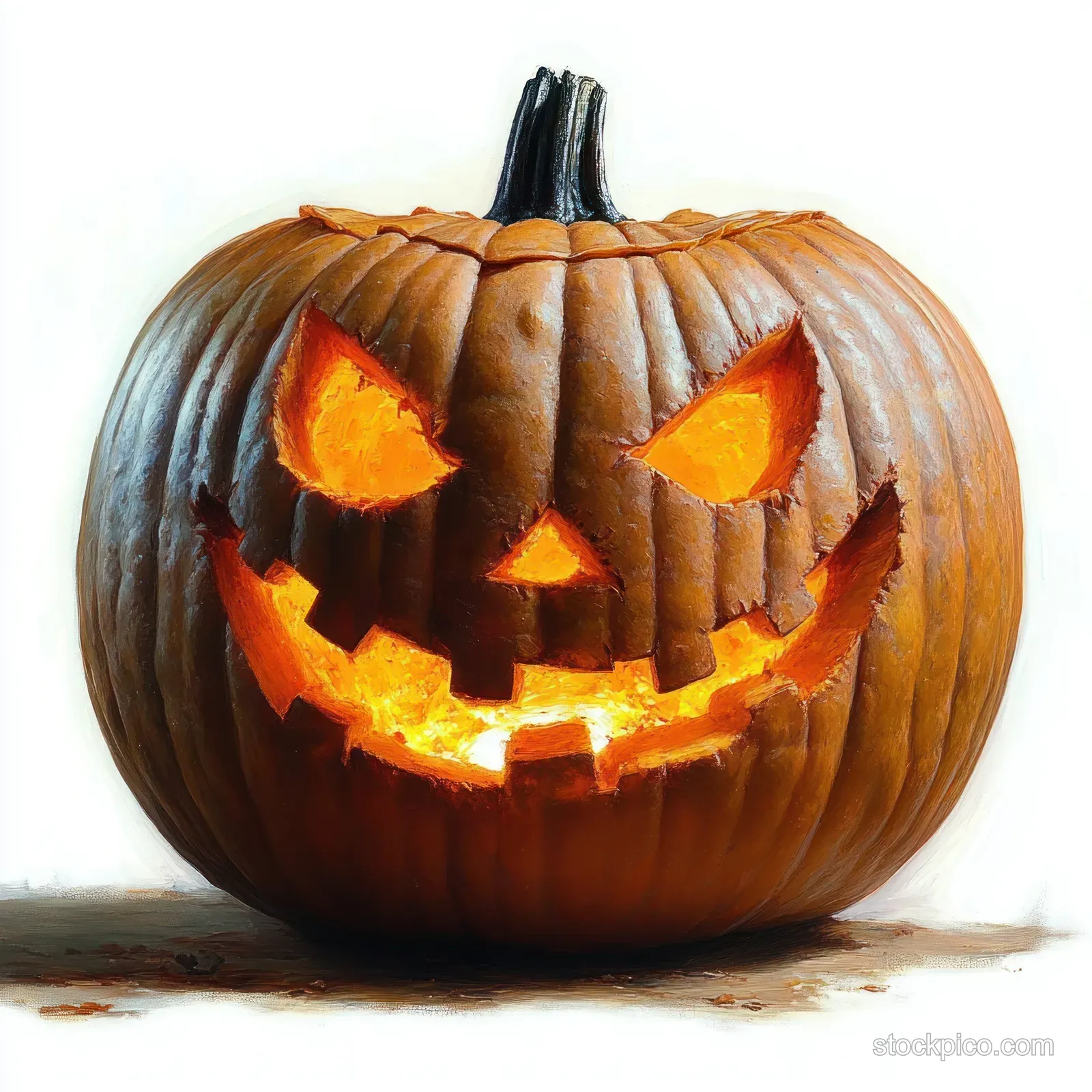 Glowing carved jack o’ lantern with triangle eyes and a jagged smile on a white background.
