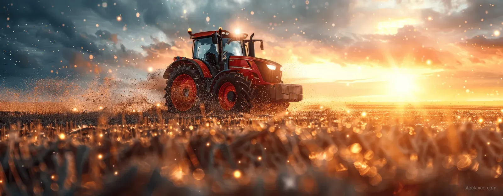 A futuristic tractor sprays irrigation as a digital screen overlays crop metrics across a sunset field.