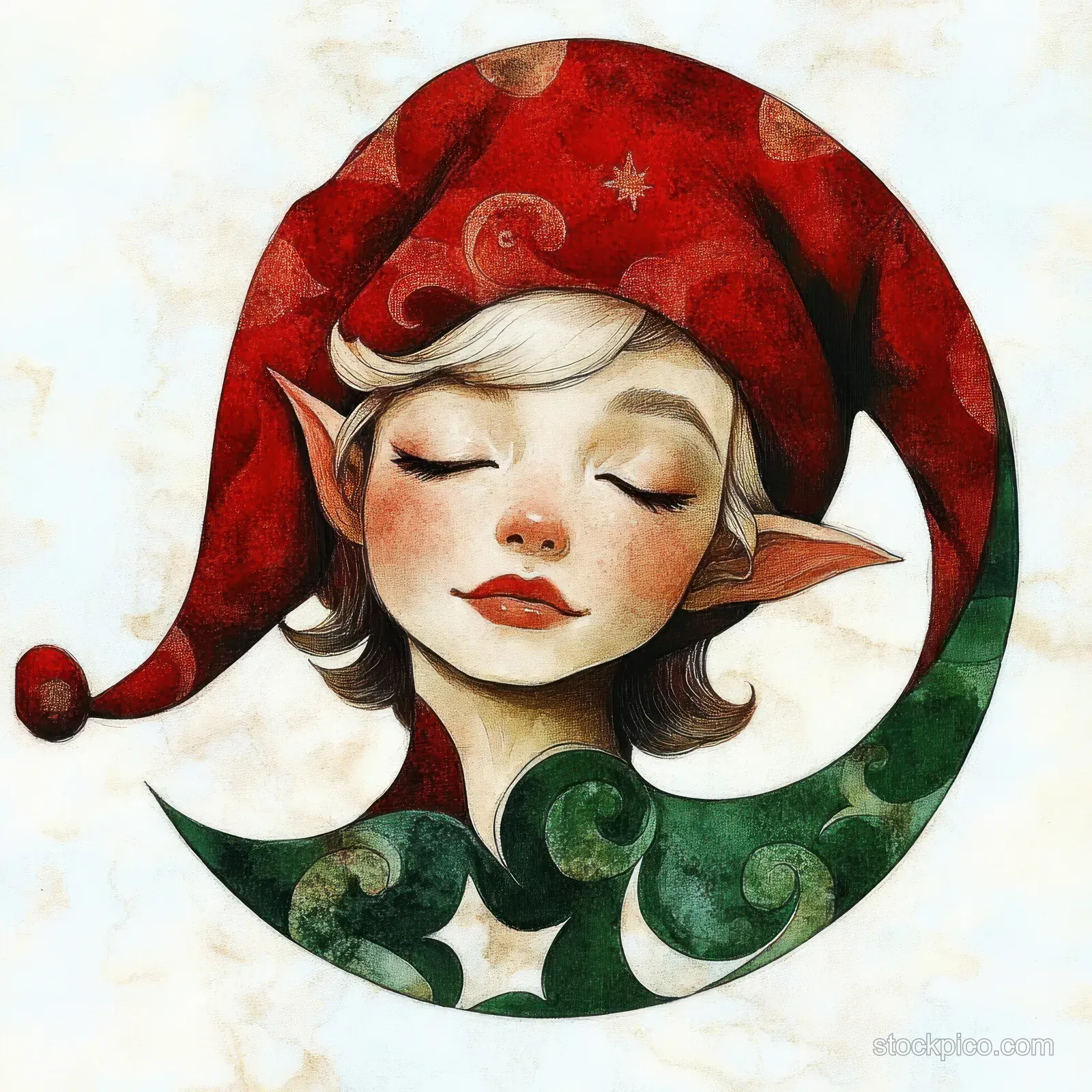 Serene elf portrait with closed eyes and a festive red and green swirled hat against a light background.