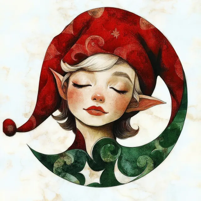 Serene elf portrait with closed eyes and a festive red and green swirled hat against a light background.