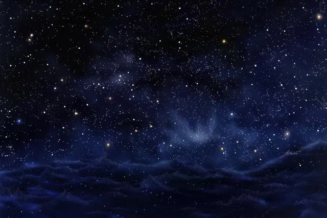 Starry sky fills the night above dark ocean waves with faint constellations and a glowing horizon.