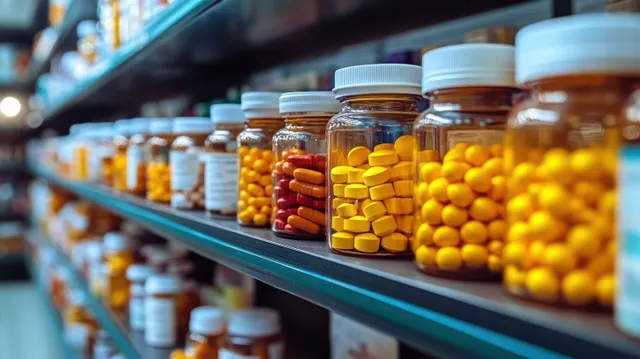 Colorful medicine bottles filled with orange pills line a pharmacy shelf in a softly blurred aisle.