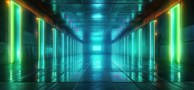 Neon cyberpunk corridor with green and cyan light beams reflecting on glossy floor