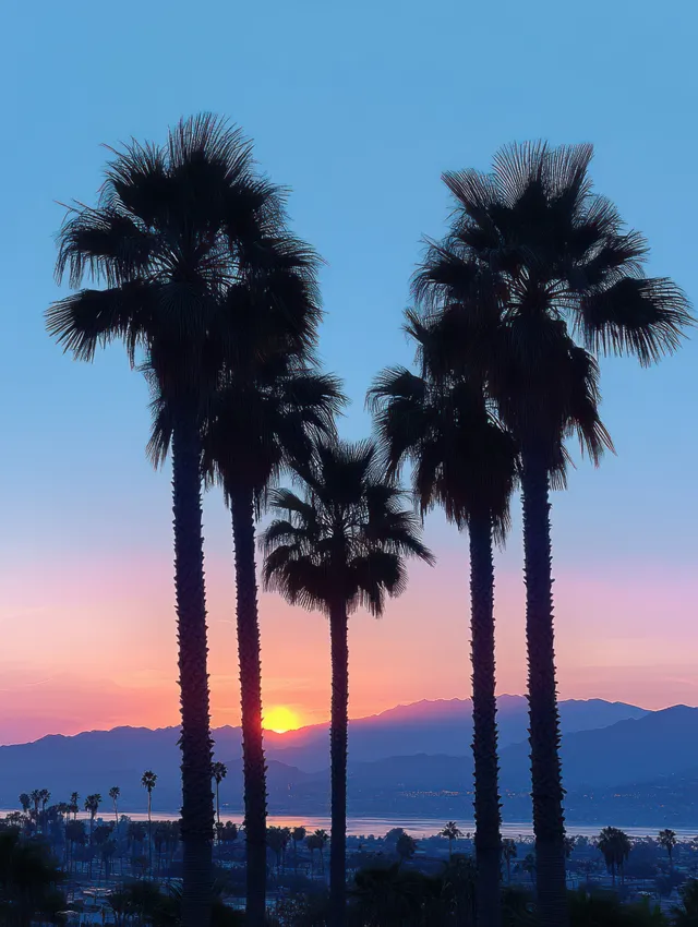 Silhouetted palm trees against a colorful sunset sky with distant mountains and a coastal city below.