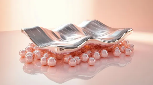 Collagen serum pipette drops sit on a translucent skin model with pearl-like hydration beads and soft glow.