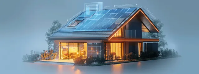 3D eco smart house with a solar roof and floating energy graphs on a grey background.