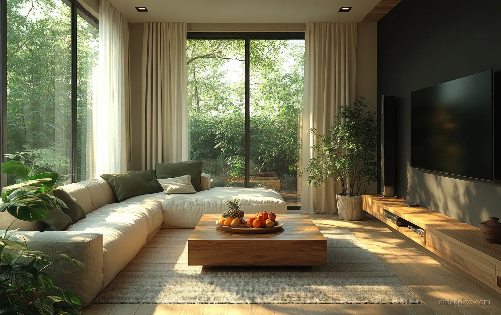 Cream sofa with green cushions sits beside a wooden coffee table in a sunlit Scandinavian living room.