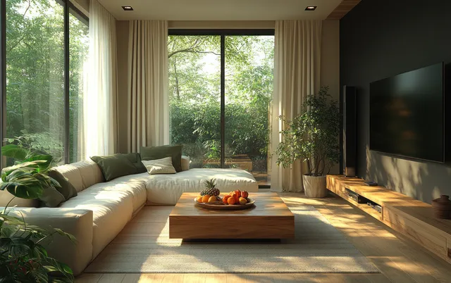 Cream sofa with green cushions sits beside a wooden coffee table in a sunlit Scandinavian living room.