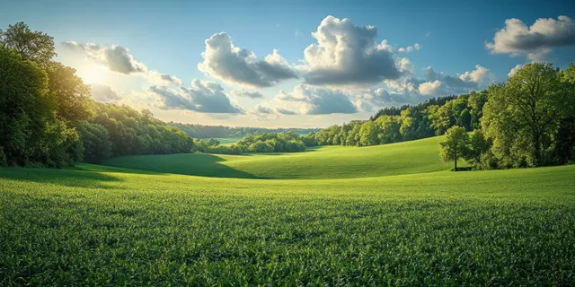 Green field with dandelions in the foreground and rolling countryside trees under a partly cloudy blue sky.