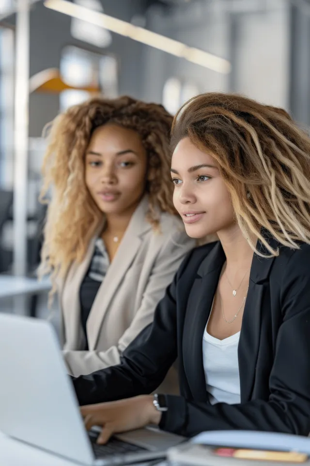 Two businesswomen collaborate at laptops in a modern office during a team meeting, with a diverse workplace visible behind them.