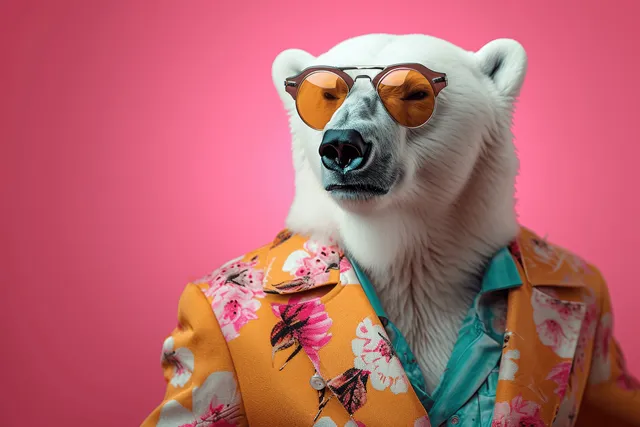 A polar bear wearing sunglasses and a colorful suit poses against a solid pink studio background.