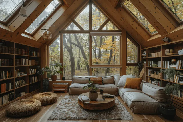 Sunlit attic living room with skylights, book shelves, and a natural fabric sofa facing large windows with woodland trees outside.