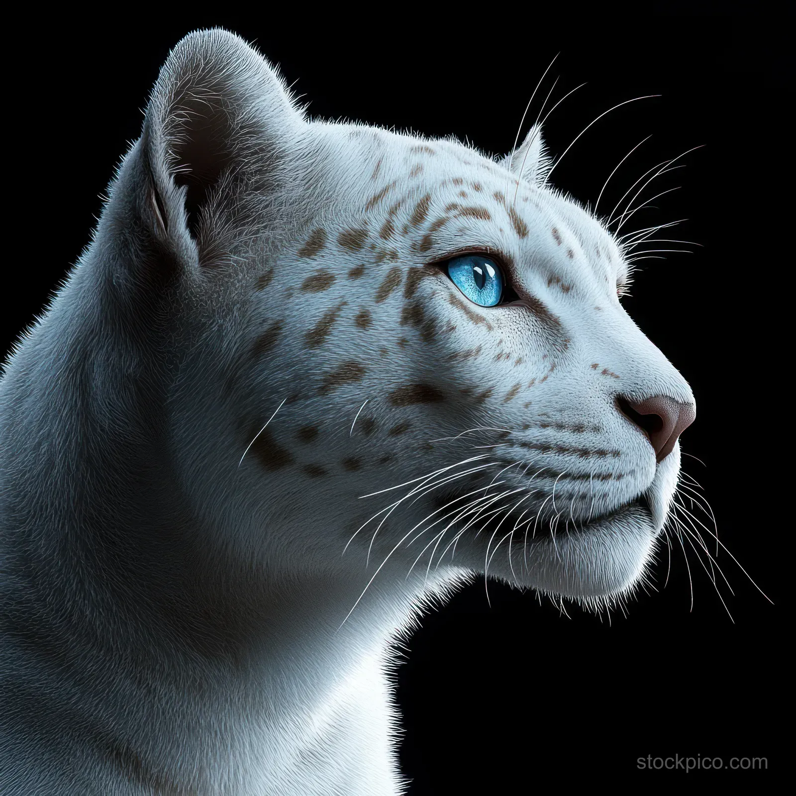 White leopard profile with blue eyes and visible whiskers against a black background.