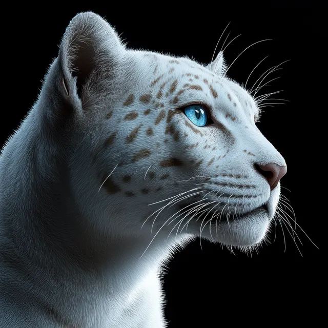White leopard profile with blue eyes and visible whiskers against a black background.