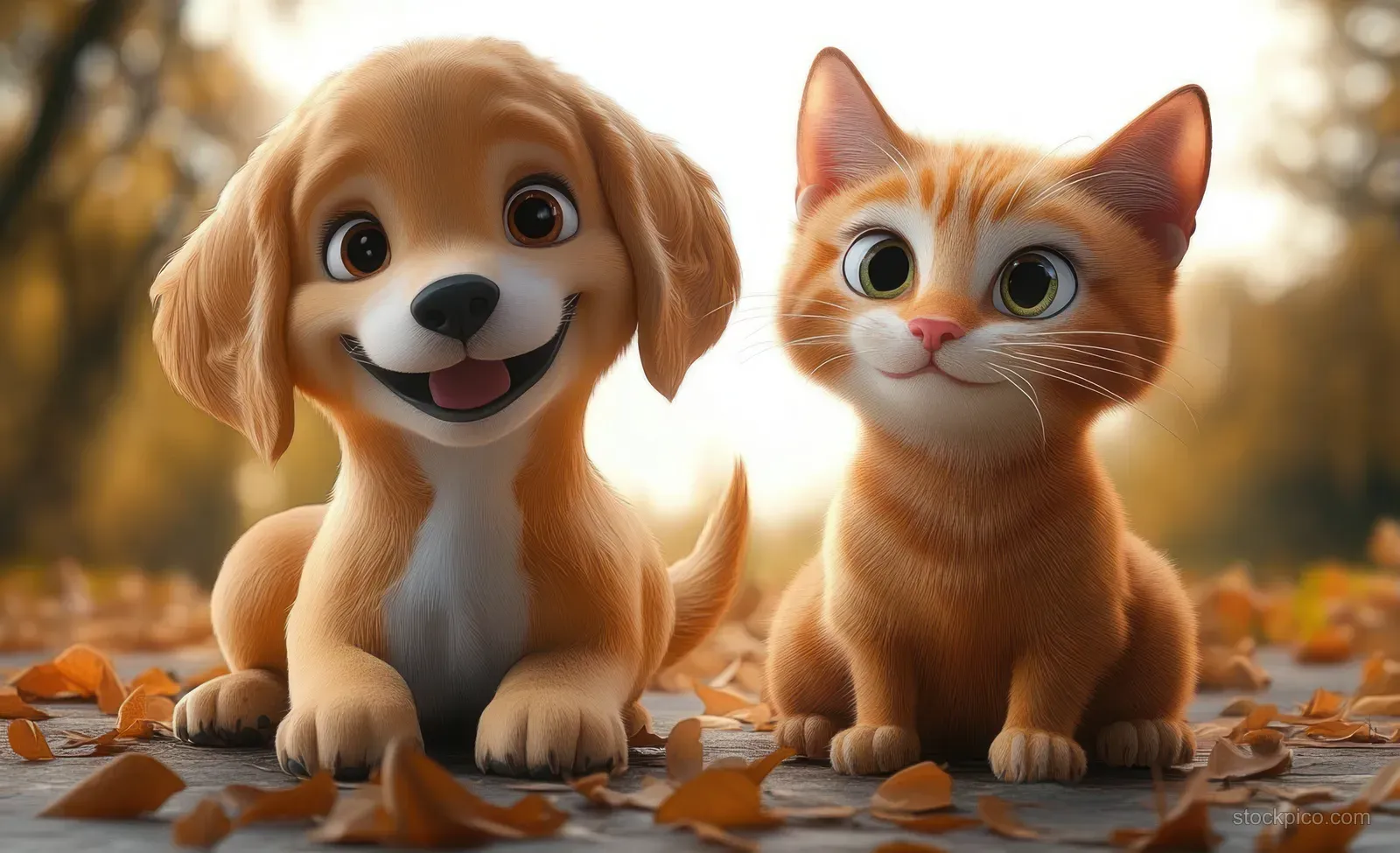 A smiling golden puppy and an orange kitten sit together on fallen autumn leaves in warm sunlight.