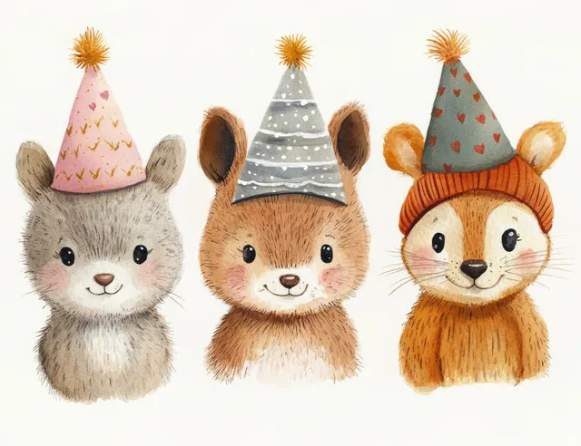 Three cute cartoon animals wearing colorful party hats and smiling with rosy cheeks on a white background.
