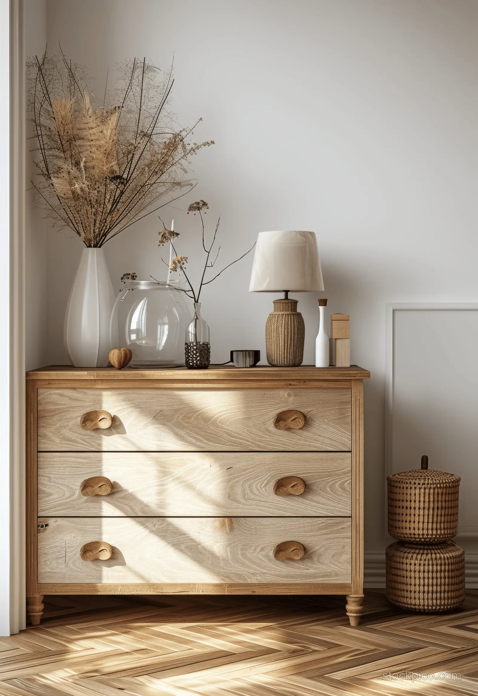 Wooden dresser in a Scandinavian corner with a rattan lantern lamp and dried pampas grass on the shelf.