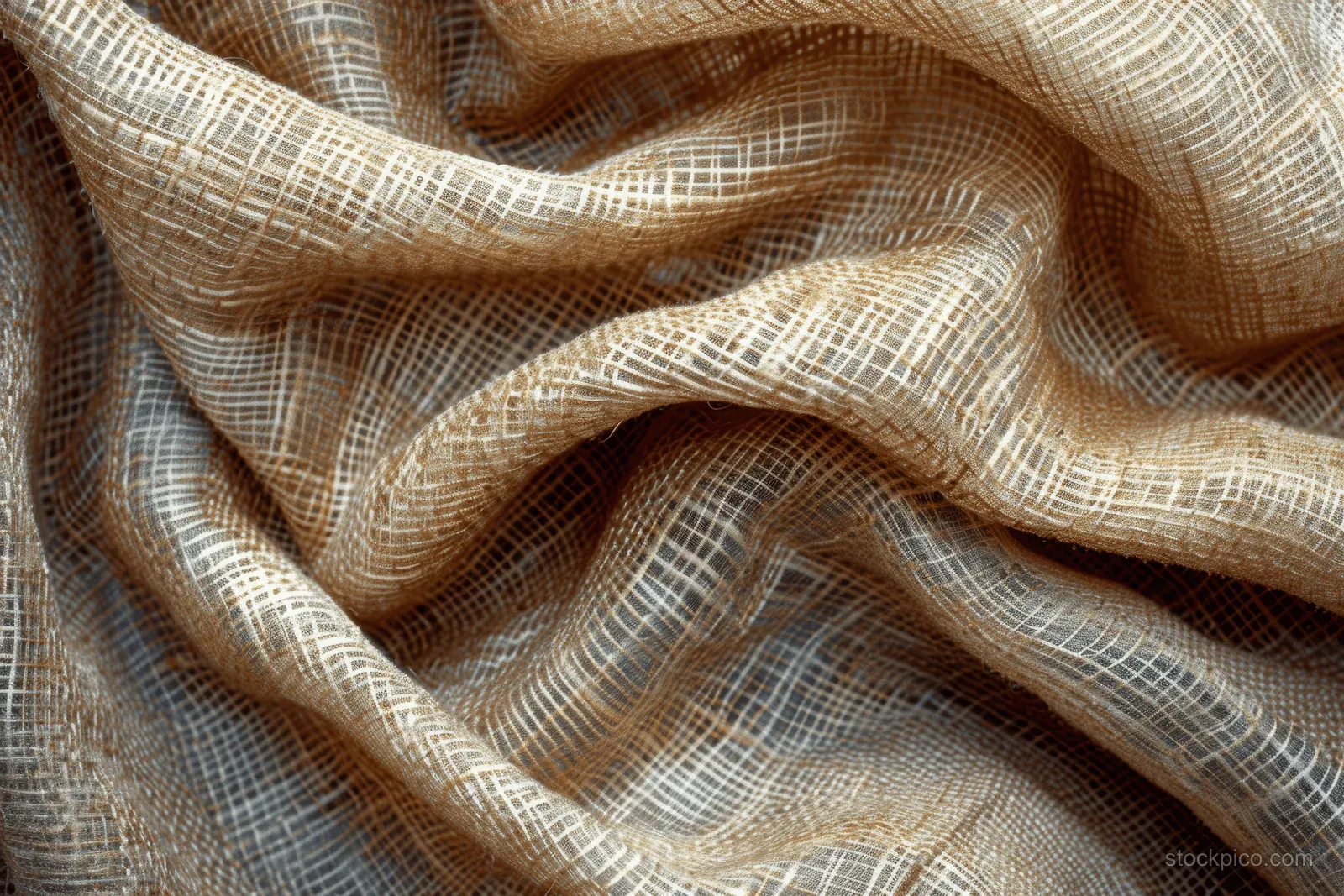 Beige and brown jute hessian fabric with visible woven threads and draped folds fills the frame.