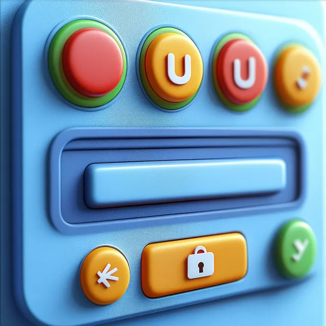 Close-up of a blue electronic control panel with lock icon and glowing round buttons