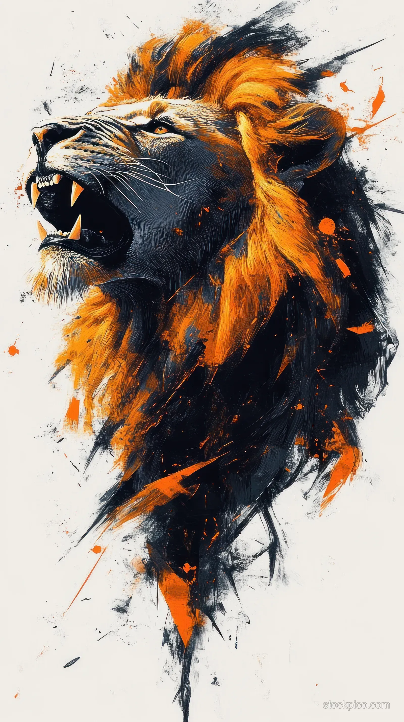 Roaring lion portrait with vivid orange mane, dark brush strokes, and paint splatters on a light background.