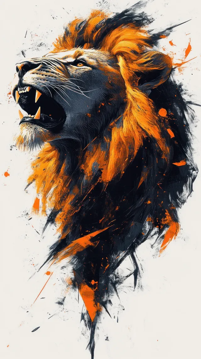 Roaring lion portrait with vivid orange mane, black paint strokes, and splattered energy