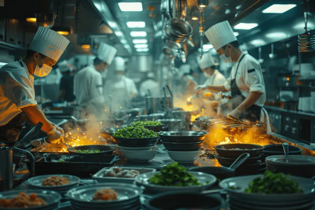 Chefs cook over sizzling pans in a busy restaurant kitchen with plates and staff visible in the background.