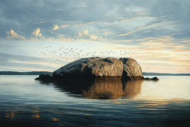 Rocky Island at Sunset with Birds and Soft Clouds