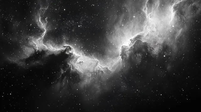 Black and white nebula of glowing gas and dust clouds surrounded by scattered stars in deep space.
