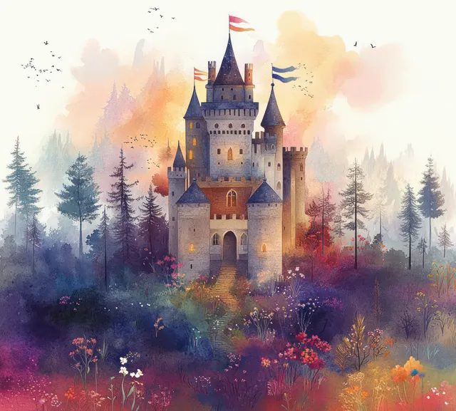 Fantasy castle with fluttering flags in a misty forest surrounded by blooming flowers.