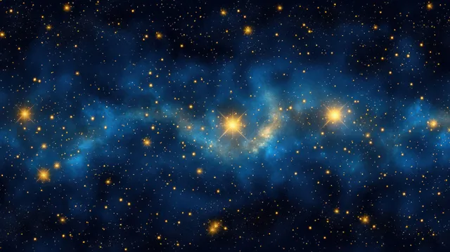 Golden stars twinkle across a dark sky while a blue nebula swirls through the background.