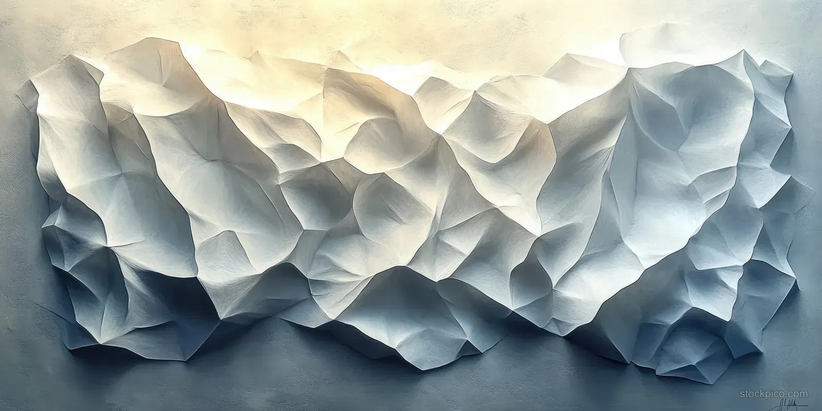 White faceted geometric wall relief with folded prism shapes and soft shadows under light.