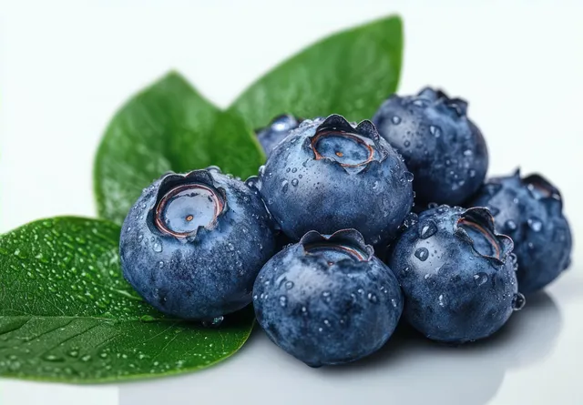 Fresh blueberries with water droplets rest on green leaves against a clean white background.
