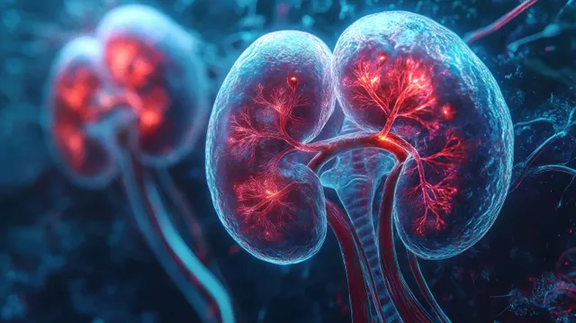 Two glowing kidneys reveal branching red-blue blood vessels and internal structures in a dark teal scientific illustration.