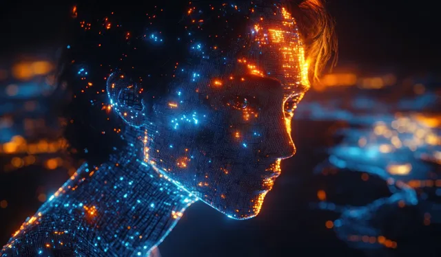Cubic humanoid AI face glowing with neon circuits in a futuristic data stream