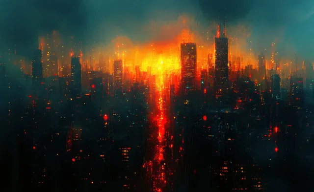 Neon futuristic city skyline at night with glowing quantum circuit lines and a central vanishing-point light beam.