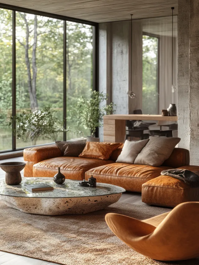 Tan leather sofa and curved armchair sit in a sunlit living room beside large windows showing a forest.