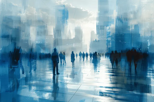 Silhouetted pedestrians walk through a misty blue downtown beside tall buildings and reflective street surface.