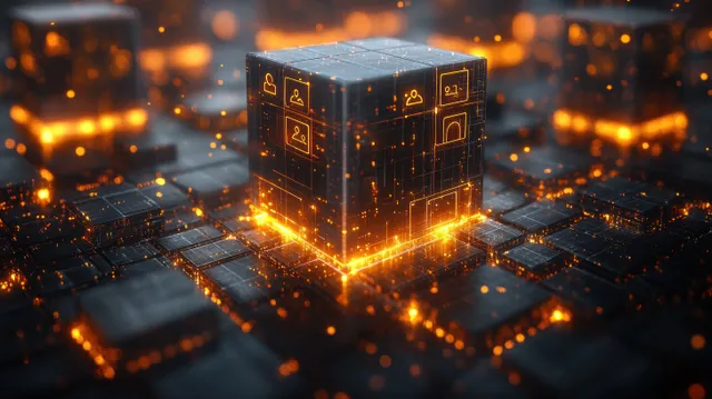 3D business network cube with glowing user icons and data links in cyberspace