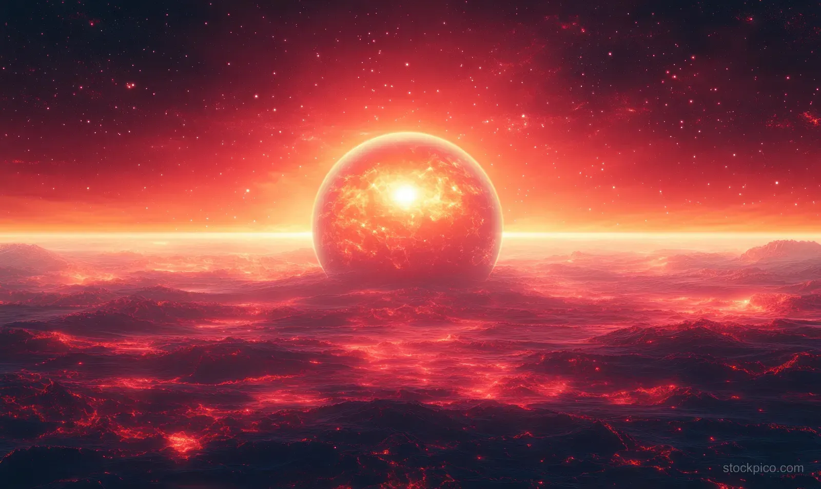 Red glowing planet centered on a distant horizon with orbit arcs, starry nebula, and deep red clouds.