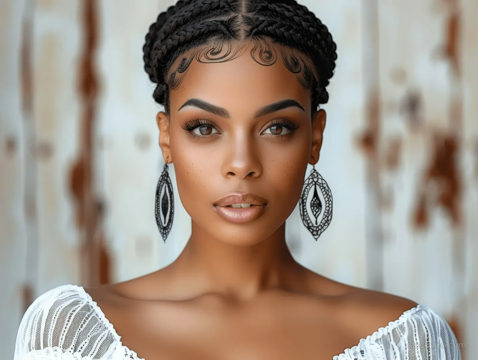 Close-up portrait of a woman with cornrow braids, wearing a white off-shoulder dress and large hoop earrings on transparent background.